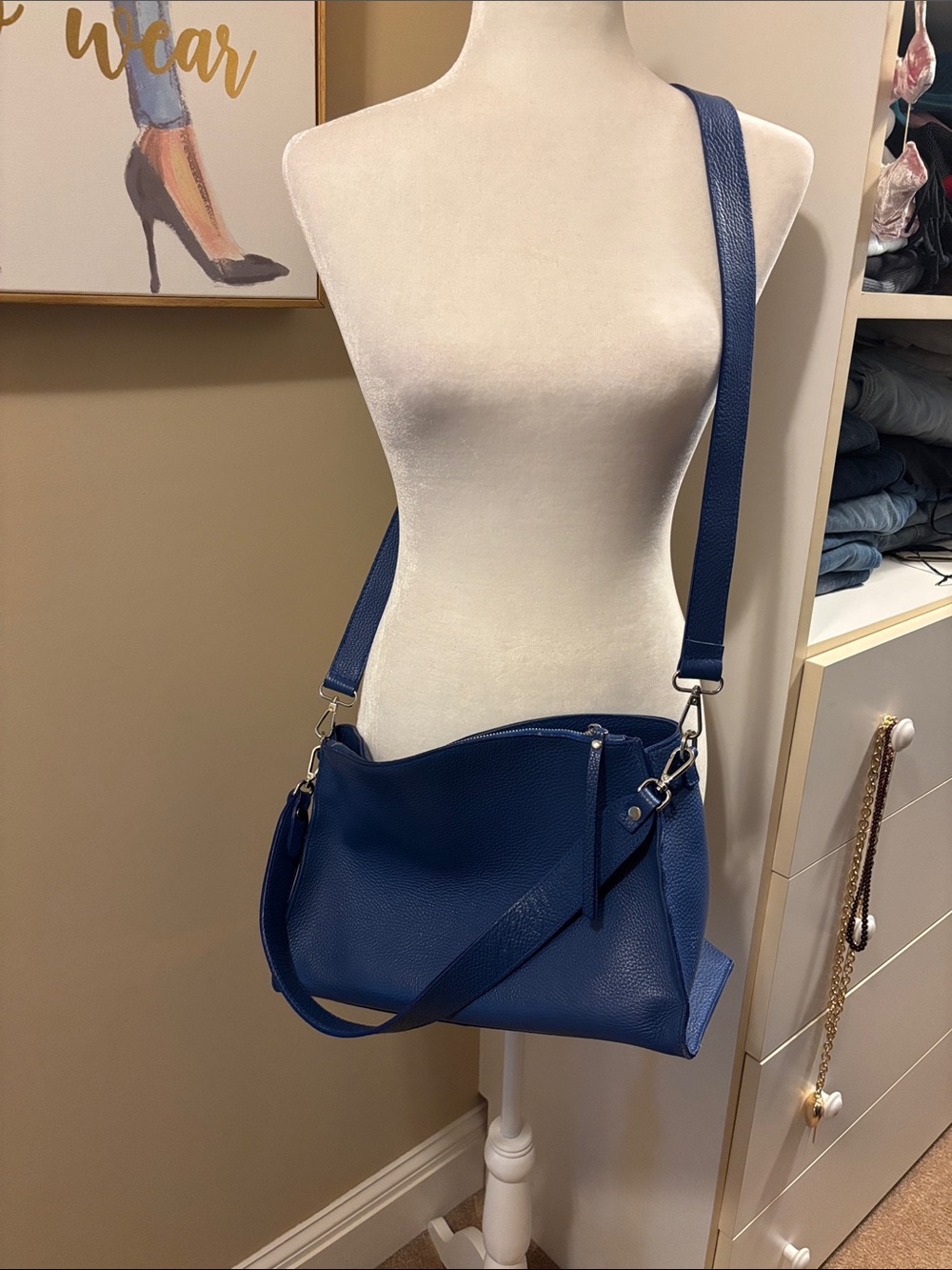 Viola Castellani Blue Italian Leather Shoulder Bag with 2 shoulder straps